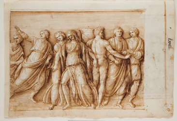 Folio 61, recto: The Return of Meleager from a Roman Sarcophagus, Rome, Palazzo Barberini, c.1512-17 (penna & brunt bläck med brun tvätt)