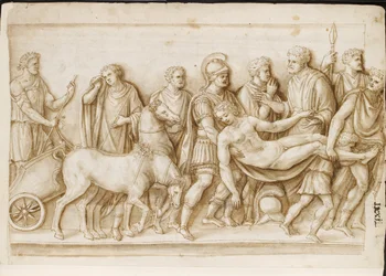 Verso: The Return of Meleager, från en romersk sarkofag, Palazzo Barberini, Rom, ca 1512-17 (penna och brunt bläck med brun tvätt)
