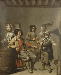 Pojke häller upp ett glas vin för en landsman, ca 1650 (olja på duk)