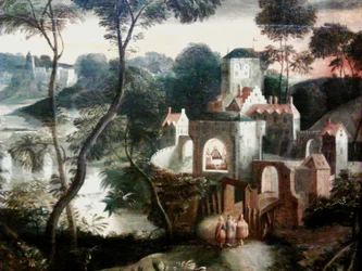 Kristus med lärjungarna på väg till Emmaus


 (detalj).