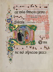 Manuskriptblad med Saint Benedict som återupplivar en pojke i ett initialt D, från ett antifonarium.