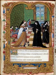 Margarita av Angoulema (1492-1549) Drottningen av Navarra presenterar sin bok till hertiginnan av Etampes och favoriten till Francois I Anne Pisseleu. Sidan hämtad från manuskriptet "" La coche ou Debat d