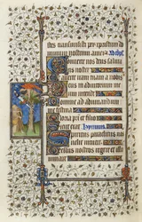 Ms 62 f.132v Bevingad figur i en trädtopp med en bok genomborrad av ett svärd, från "Hours of the Holy Spirit" av Guillaume de Deguilleville