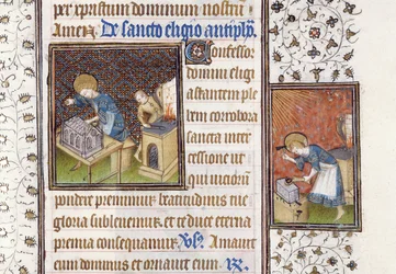 Ms 62 f.215r St Eligius gör en helgedom; St Eligius vid ett städ, ur en timbok