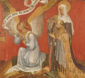 Panel från en diptyk föreställande bebådelsens ängel, givaren och en kvinnlig helgon, möjligen St. Maria Magdalena, ca 1420