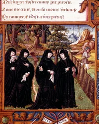Representation av drottningen av Navarra Margarita av Angoulema (1492-1549) som pratar med sina kamrater. Sidan hämtad från manuskriptet "" La coche ou Debat d