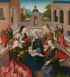 Jungfrun och barnet med fyra heliga jungfrur Maria träffade kind met de heiligen Catharina, Cecilia, Barbara och Ursula