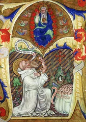 Historikert initial "A" som visar St. Benedictus som erbjuder sin själ till Gud Fadern, Lombardiets skola