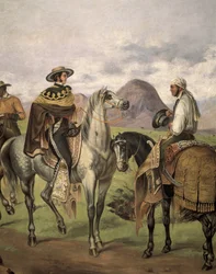Charros”” (mexikanska ryttare) klädd i snygga kläder. Verk av Mateo Saldana (1875-1951), 1900-talet. Kostumbrism. Olja på duk