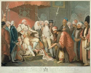 Hans majestät och statsofficerare som tar emot den turkiska ambassadören och kostymen, graverad av Daniel Orme (1767-s.1832), pub. av Edward Orme, 1797 (stippstick)