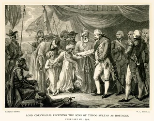 Lord Cornwallis tar emot Tippoo Sultans söner som gisslan.