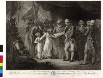 Sönerna till sultanen Tipu växer Lord Cornwallis som gisslan överlämnar