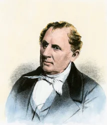 Porträtt av James Fenimore Cooper (1789-1851) amerikansk författare - Gravyr kolorerad 1800-tal - (Den amerikanske författaren James Fenimore Cooper - Handkolorerad gravyr av ett 1800-talsporträtt)