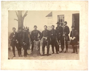 Albumenprint av general McClellan vid högkvarteret, general Morrells brigad, 1862 (sepiafoto)