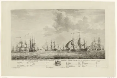 Holländsk krigsflotta utanför Rammekens, 1782-1783 Utsikt över landets krigsfartyg, under befäl av konteramiralen van Kruyne, på Rammekens väggård i den Jaare 1782 och 1783 (titel på objektet)