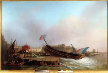 Kejsar Napoleon I (1769-1821) och Imperatrix, omgivna av kungen och drottningen av Westfalen när de närvarade vid sjösättningen av det 80-kanoners skeppet The Friedland”, i Antwerpens arsenal, den 2/05/1810”” Shipyard in 1800-talet. Målning av Mathieu Igna