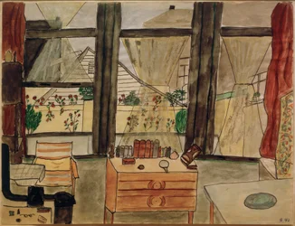 Max Beckmanns sovrum med gardinen öppen