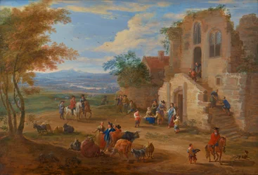 Ett landskap med utdelning av allmosor framför en klosterruin, ca 1650-90 (olja på pannå)