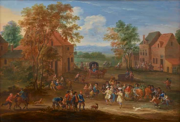 Ett bylandskap med påskoxarnas procession, ca 1650-90 (olja på pannå)