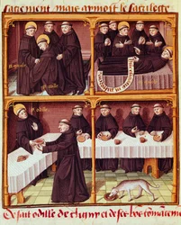 Refectoire de monines Miniatyr från manuskriptet "" Speculum historiale"" (ms. 1196, fol. 141 v.) av Vincent de Beauvais (1184/94-1264) upplyst av mästaren Francois (1400-talet). Chantilly, Conde Museum