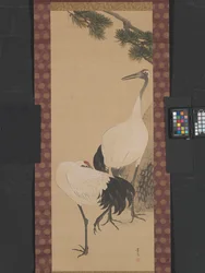 Tranor, bambu och tall, Edo-period (bläck & vattenhaltiga färger på siden)