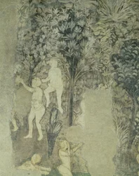 Detalj av män som badar från det dekorativa schemat i påvarnas sal, fresk från 1437