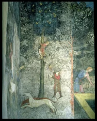 Jakthundar och män som klättrar i ett träd, detalj av det dekorativa schemat från La Chambre du Cerf Stag Room 1347 fresco
