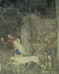 Män som jagar med hundar, detalj av dekorativt schema från La Chambre du Cerf Stag Room 1347 fresk