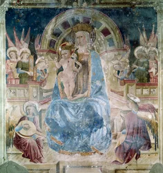 Jungfru och barn omgiven av heliga och änglar Fresco av Matteo da Gualdo (ca 1435-1507) Basilica of Saint Francois (San Francesco), Upper Church, Assisi