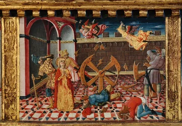 Madonna med barn och helgonen Jakob, Augustinus, Bernhardinus och Margareta, 1300-talets första decennier (tempera på pannå)