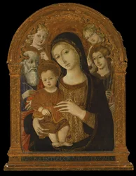 Jungfrun och barnet mellan de heliga Johannes evangelisten, Jakob och två änglar, ca 1480-1490 (tempera och olja på panel)