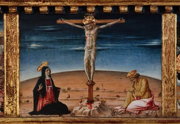 Madonna med barn och helgonen Jakob, Augustinus, Bernhardinus och Margareta, 1300-talets första decennier (tempera på pannå)
