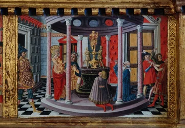 Madonna med barn och helgonen Jakob, Augustinus, Bernhardinus och Margareta, 1300-talets första decennier (tempera på pannå)