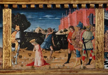 Madonna med barn och helgonen Jakob, Augustinus, Bernhardinus och Margareta, 1300-talets första decennier (tempera på pannå)