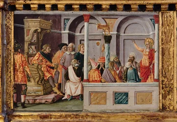 Madonna med barn och helgonen Jakob, Augustinus, Bernhardinus och Margareta, 1300-talets första decennier (tempera på pannå)