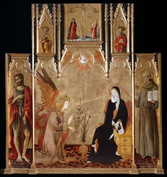 Bebådelse med de heliga Johannes Döparen och Bernardino da Siena. Korsfästelsen. De heliga Peter och Paulus, mellan 1455 och 1464