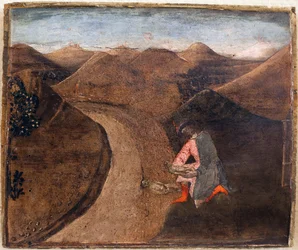 Legenden om Romulus och Remus: Amulius lägger tvillingarna på Tibern. Målning av Matteo di Giovanni (1430-1495), detempe på trä, 28,5 x 34 cm. Italiensk konst 1400-talet. Musee des Beaux Arts de Libourne.