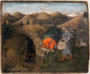 Legenden om Romulus och Remus: Legenden om Romulus och Remus. Målning av Matteo di Giovanni (1430-1495), tryckt på trä, 29,5 x 35 cm. Italiensk konst 1400-talet. Libourne Museum of Fine Arts.