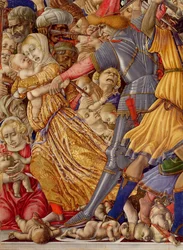 Barnamorden i Betlehem, detalj av en soldat som förbereder sig på att hugga ett barn och det omgivande blodbadet, 1482, detalj av 106233