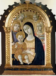 Jungfru med Jesus barn, Sankt Mikael, Sankta Maria Magdalena (målning på trä