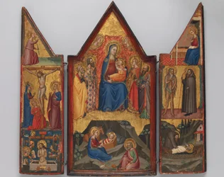 Madonna och barn tronade med heliga... , och under födseln..., ca. 1380-90.