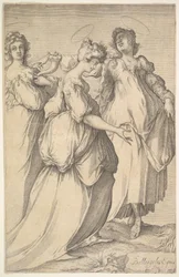 Tre haloed kvinnofigurer, ca. 1610-50.