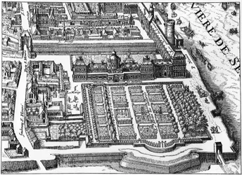 Paris: Tuileriernas palats och trädgård 1615, faksimil av Mathieu Merians plan.