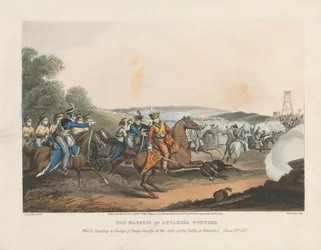 Markisen av Anglesey sårad medan han ledde en laddning av tungt kavalleri vid slutet av slaget vid Waterloo, 18 juni 1815