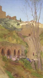 Tvättkvinna vid tvättbrunnen, San Gimignano, Italien