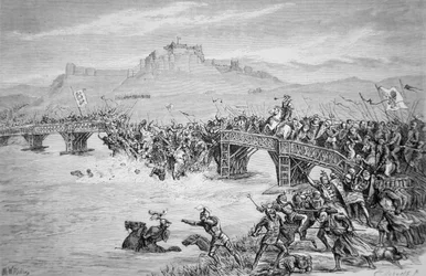 Brons kollaps under slaget vid Stirling Bridge, 1297, graverad av Roberts (litho)