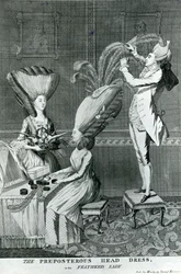 Den besvärliga huvudbonad eller fjäderdamen, 1776