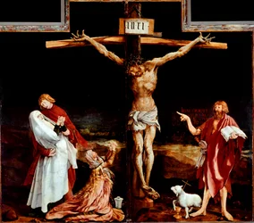 Isenheimaltaret: mittpanelen med korsfästelsen - Inskriften ”INRI” på korset - Trämålning av Mathis Neithardt Gothardt, kallad Matthias Grünewald (ca 1480-1528), 1512-1516, mått 269 x 307 cm, Colmar, Musée Unterlinden