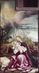 Allegori över Nativiten. Issenheim altartavla (eller Isenheim) - Målning av Matthias Grunewald (ca 1475-1528), olja på trä