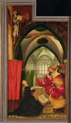 Bebådelsen från Isenheim-altartavlan, vänster vinge, ca 1512-16 (olja på panel)